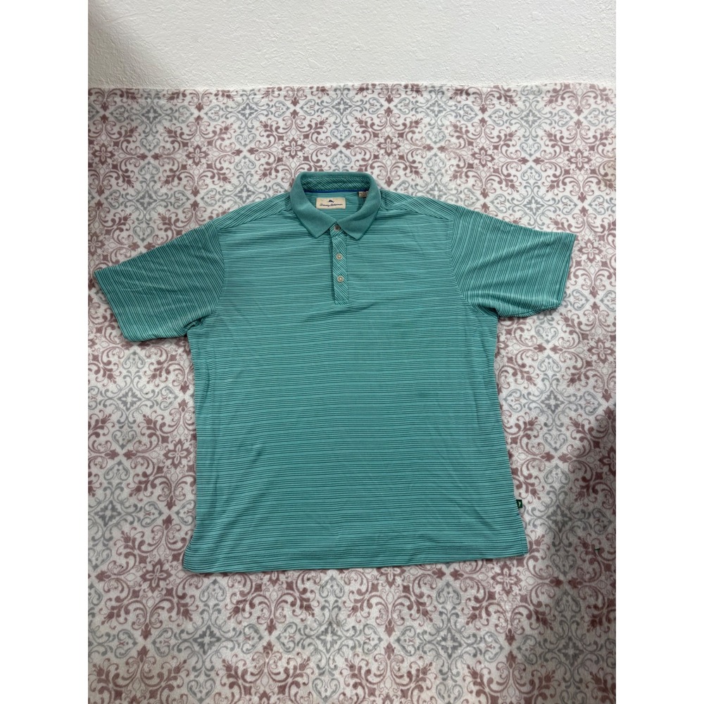 Tommy Bahama Mens Large Polo Shirt Teal Green Blue Striped Modal Ribbed Short Sl